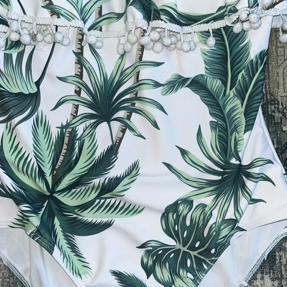 Shein Tropical Pom-Pom Trim Flounce One Piece Swimsuit size small
